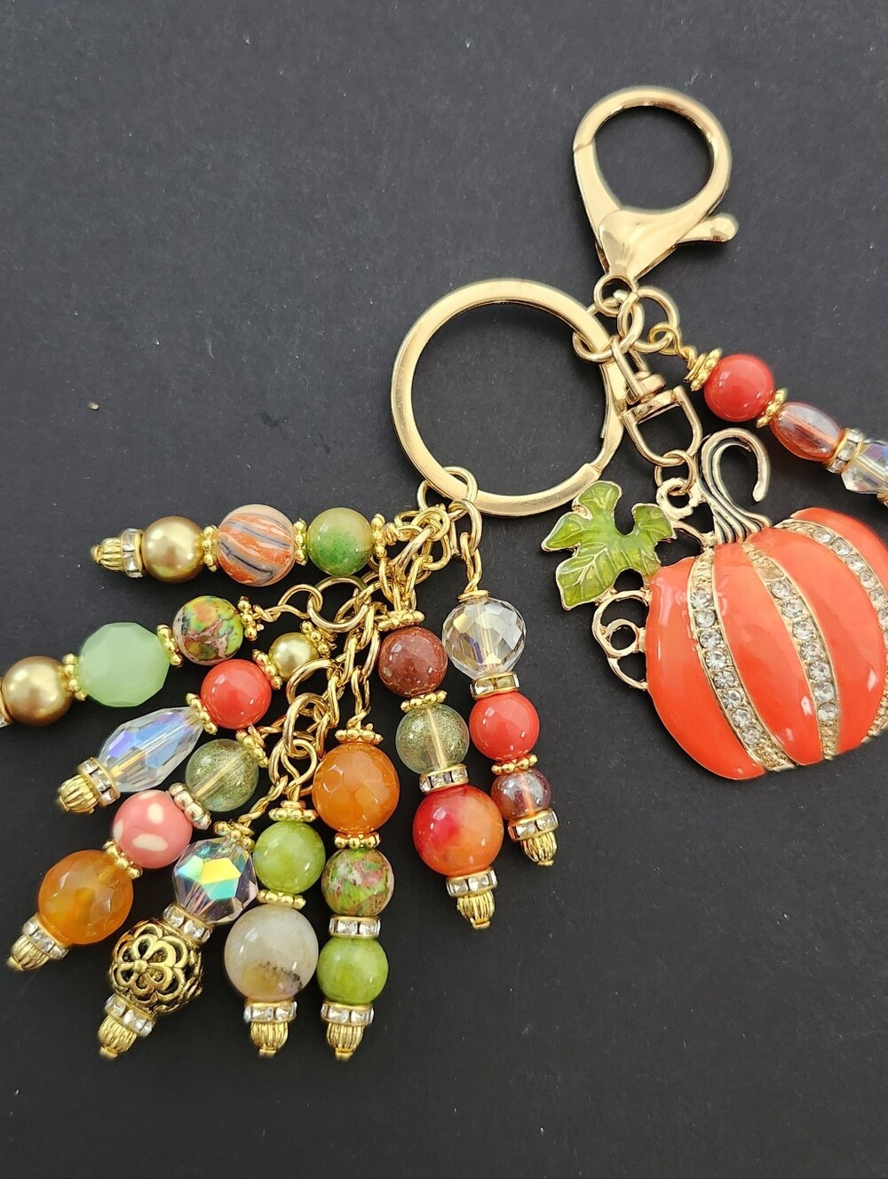 Pumpkin Bag Charm or Keychain Jade Fire Agate Cherry Quartz Handcrafted